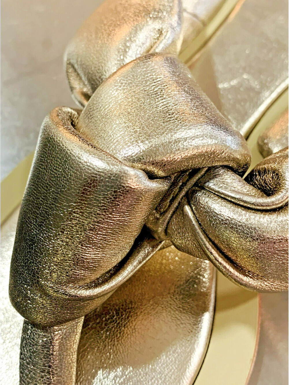 NEW ANTHROPOLOGIE Maeve Leather Puffy Knotted Sandals, Gold Metallic Leather 8 - Picture 7 of 10